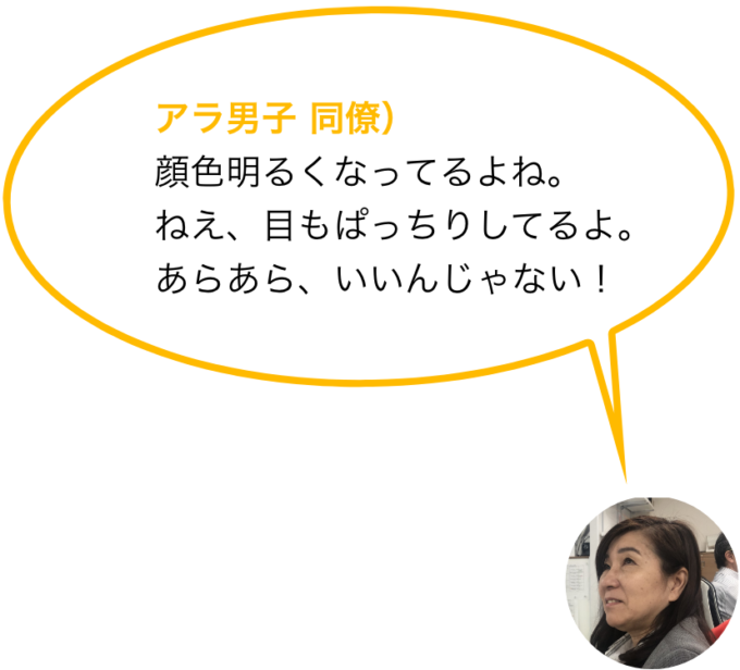 アラ男子 同僚）顔色明るくなってるよね。ねえ、目もぱっちりしてるよ。あらあら、いいんじゃない！